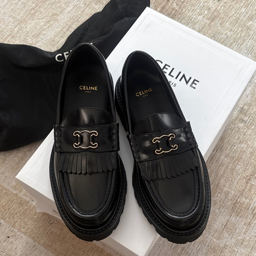 Celine Black Leather Loafers with Gold Accent